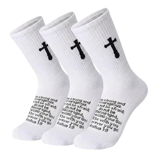 3 Pairs Christian socks Prayer socks Birthday Gifts for Dad,Men Husband Grandp Fathers Day Christmas - color: Joshua 1:9 - White