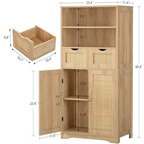 Iwell Tall Storage Cabinet, Rattan Cabinet with 2 Drawers & Adjustable Shelf, Kitchen Pantry Storage Cabient, Entryway Cabinet for Living Room, Dining Room, Home Office, Natural - color: Natural, 2 Drawers