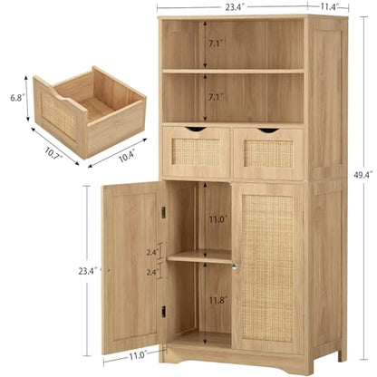 Iwell Tall Storage Cabinet, Rattan Cabinet with 2 Drawers & Adjustable Shelf, Kitchen Pantry Storage Cabient, Entryway Cabinet for Living Room, Dining Room, Home Office, Natural - color: Natural, 2 Drawers