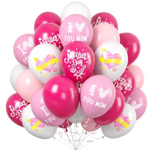 Paready Mother's Day Balloons, 60 Pcs Pink White Mom Print Party Decor - color: Mom