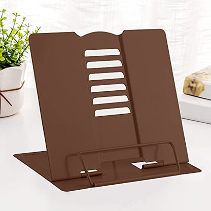 MSDADA Desk Book Stand Metal Reading Rest Book Holder Adjustable Cookbook Documents Holder Portable Sturdy Bookstands for Recipes Textbooks Tablet Music Books with Page Clips (Brown) - color: Brown