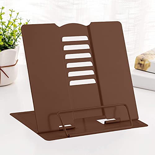 MSDADA Desk Book Stand Metal Reading Rest Book Holder Adjustable Cookbook Documents Holder Portable Sturdy Bookstands for Recipes Textbooks Tablet Music Books with Page Clips (Brown) - color: Brown