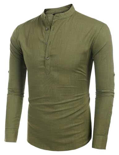 COOFANDY Men's Cotton Linen Henley T-Shirt Long Sleeve Hippie Casual Beach T-Shirts - color: Army Green, size: Medium
