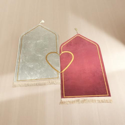 Soft Raschel Pile Praying Mat Set for Couples, 2 Pcs with Anti-Slip Base, 26.4 X 43.3 in / 67 X 110 Cm Prayer Rug, Heart Pattern, Great Islamic Gift