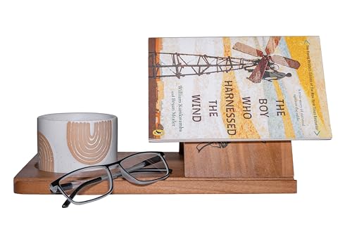Wooden Triangle Book Stand & Reading Valet – Book Rest with Cup, Phone, Glasses & Pen Holder – Thumb Book Page Holder - Nightstand Book Holder & Gift for Book Lovers, Readers & Bibliophiles