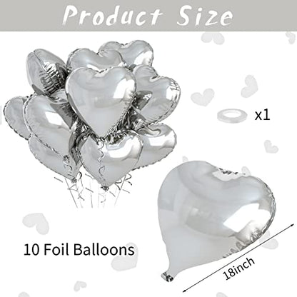 Silver Heart Balloons, 10PCS Metallic Foil for Wedding Anniversary Party - color: Glossy-silver