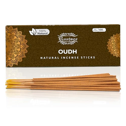 Pure Oud Agarwood Incense Sticks, 100%-Natural Charcoal Free Organic Non Toxic Clean Burning Handmade Insence Sticks 100 gm Pack, Raajsee Meditation Gifts – Spritual Cleansing - color: Oudh