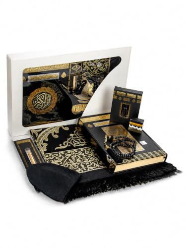 ihvan online Luxury Islamic Prayers Gift Box, Quran & Prayer Beads Tesbih & Muslim Prayer Rug & Miswak Stick & Solid Smell & Kufi Hats & Hacerul Esved, Deluxe 8 Piece Set Ramadan & Eid Gifts - color: Black / Set 4