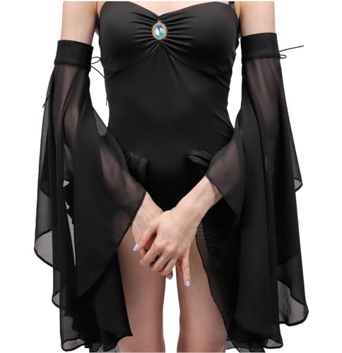 KUOIN Women's Long Flowy Bell Sleeves, Detachable Goth Arm Mesh Gloves for Wedding Party Renaissance Costume Accessories - color: Black Lace Up