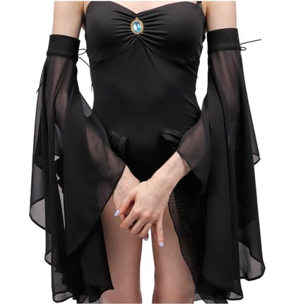 KUOIN Women's Long Flowy Bell Sleeves, Detachable Goth Arm Mesh Gloves for Wedding Party Renaissance Costume Accessories - color: Black Lace Up