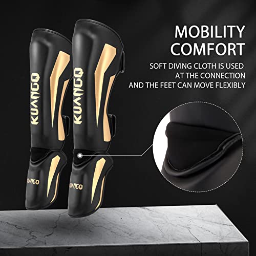 Muay Thai Shin Guards, Muay Thai Martial Arts Kicking Leg Instep Protection Pads Sparring Gear,for Kickboxing MMA Training and Sparring,Professional MMA Equipment - color: Black-Gold, size: Medium