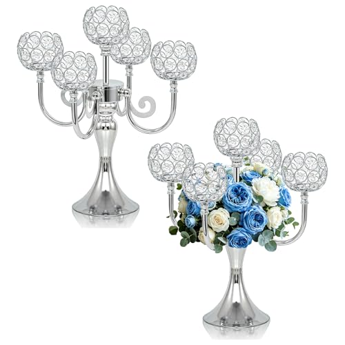 5 Arm Metal Crystal Candelabra Centerpiece - 13.4 Inch Elegant Candle Holder with Crystal Beads for Wedding Party Christmas Home Dining Table Decoration (2, Silver) - color: Style-a-silver