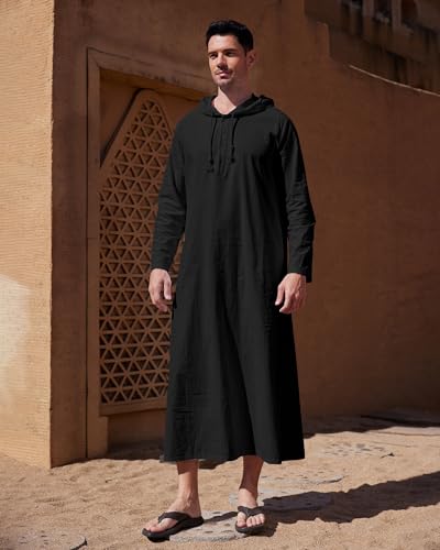 YAOHUOLE Long Sleeve Kaftan Thobe Button down Men Thobe with Pocket Big and Tall Kaftan Muslim Men Thobe - color: Black, size: Large