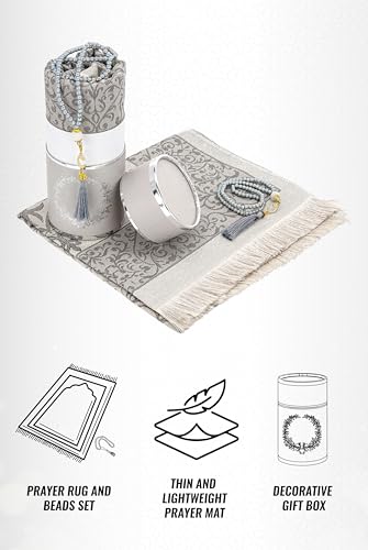 ihvan online Muslim Prayer Rug and Prayer Beads with Elegant Design Cylinder Gift Box, Janamaz, Soft Sajadah, Islamic Gifts Set, Portable Prayers Carpet Mat, Taffeta Fabric, Grey - color: Grey