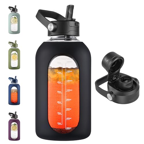 CIVAGO 64 oz Glass Water Bottle Jug with Detachable Straw and Time Maker | Half Gallon Motivational Large Flask Cup with Handle, Leakproof Lids, Wide Mouth, Silicone Sleeve, Tumbler for Juice, Black - color: Black, size: 64 Ounces