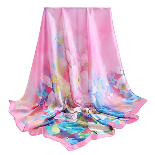 100% Mulberry Silk Scarf-Printed or Solid Color 35” Square Large Silk Hair Head Wrap Scarf With Gift Box Package - color: E Pattern: Aesthetic Butterfly Orchid