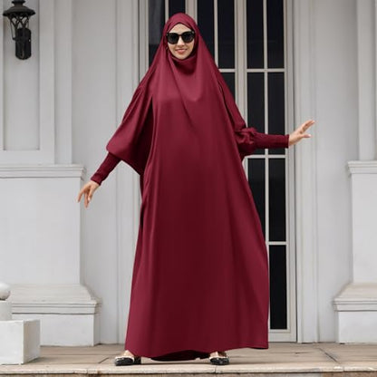 IDOPIP Muslim Abaya for Women One Piece Long Sleeve Islamic Prayer Dress with Hooded Hijab Maxi Kaftan Robe Modest Clothes - color: Wine Red