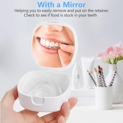 Retainer Case, Denture Case Night Guard Mouth Guard With Mirror and Ventilation Holes,Pink Flower - color: Pink Flower