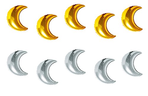Zaffron Crescent Moon Shaped Mylar Foil Balloons (9 inch, 10 pack, Silver and Gold Mix) - color: Silver and Gold Mix, size: 9 inch, 10 pack