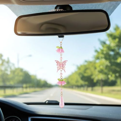 Butterfly Crystal Car Charm Lily Flower Beaded Mirror Hanging | Pink Lily Of The Valley Flower Beaded Pendant. Elegant Hanging Car Interior Decor Ornament. Crystal Butterfly Mirror Charm. - style: Butterfly
