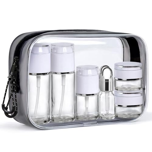Glass Travel Bottles for Toiletries, TSA Approved, Leak Proof Refillable Travel Size Containers with Pump Spray Dropper Jars for Skincare Lotion Cream or Shampoo - color: Clear Glass Bottle with White Lid