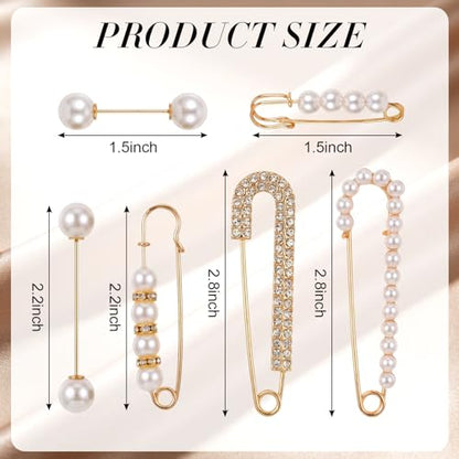 Fumwase 12PCS Faux Pearl Brooch Pins for Women Fashion Safety Sweater Shawl Clips Clothing Accessory Set Pearl Rhinestones Brooches for Scarves Blouses Dresses