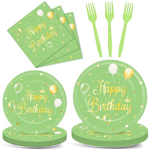 Qyeahkj 100 Pcs Sage Green Birthday Party Supplies Olive Green Gold Paper Plates Napkins Forks Tableware Set Disposable Greenery Happy Birthday Party Decorations for Women Men Girls Favors Serve 25 - style: Sage green birthday