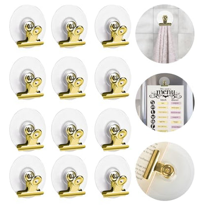 Self Adhesive Metal Clips, 12 Pcs Upgrade Strong Self-Adhesive Clips for Hanging and Organization, Spring Clip for Paper Poster Tapestry Photo Wall Teacher Student Home Kitchen Office, Golden - color: Gold