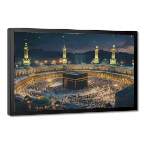 Modern Islamic Wall Art - Masjid al-Haram Kaaba Canvas with Premium Black Frame, Spiritual Night View Mecca Picture, Ready to Hang Muslim Home Decor, Eid Ramadan Gifts (18x12 inch) - color: Black Framed, size: 18"L x 12"W