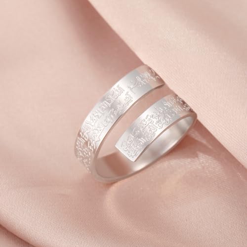 LIKGREAT Ayatul Kursi Adjustable Ring Stainless Steel Islamic Quran Verse Ring Muslim Faith Protection Arabic Calligraphy Jewelry for Eid Ramadan - color: Sliver
