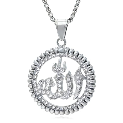 Hip Hop Stainless Steel Iced Out Hollow Allah Pendant Round Necklace - color: Steel