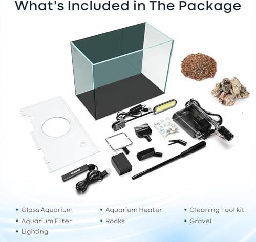 Small Aquarium Set Glass 2.6 Gallon Fish Tank, Starter Kit with Heater Self Cleaning System Efficiency Filter Bright Light Rocks Gravel Cleaning Tool, Leak-Proof Ultra-Clear Rimless Desktop Betta Tank - size: 2.6 Gallon