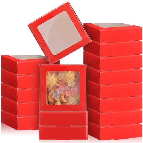 Zonon 30 Pcs Kraft Paper Boxes with Window 4.13 x 4.13 x 1.18 Inch Candy Packaging, Small Gift Boxes, Soap holder, Mini Treat Packaging for Bakery Chocolate Jewelry Display (Red) - color: Red