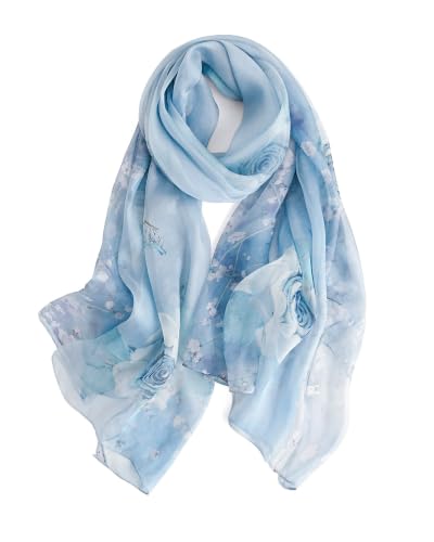 100% Mulberry Silk Scarf for Women, 69'' x 43'' Lightweight Large Silk Chiffon Shawl Wraps Floral Neck Scarf Gift - color: Blue Rose