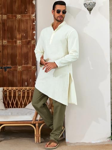 Runcati Mens Kaftan Thobe Pants Cotton Casual Elastic Waist Drawstring Muslim Trousers Summer Yoga Kurta Pants with Pockets - color: Army Green, size: Medium