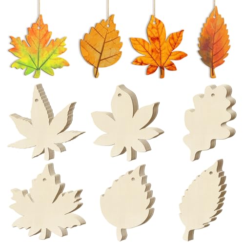 36PCS Wooden Fall Ornaments to Paint Thanksgiving Decorations, 6 Styles DIY Blank Autumn Unfinished Wood Maple Leaves Turkey Pumpkin Halloween Cutouts Ornament for Crafts Birthday Party Gifts Hanging - color: Maple Leaves