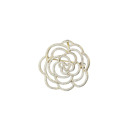 Stunning 14K Gold Moissanite Camellia Brooch，With Openwork Design and Pearl Embellishments ，Ideal Shawl Buckle Accessory & Beautiful Gift - color: Hollow Camellia,Yellow Gold
