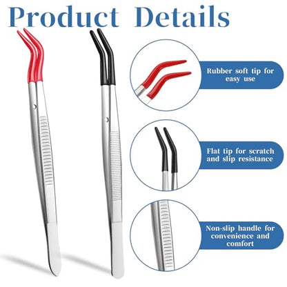 2 PCS Rubber Tipped Tweezers, Tweezers Curved Bent Tip Tweezer with Rubber Tips Long Bent Tweezer PVC Coated Long Rubbers Stainless SteelTweezer Metal Sticker Tweezerfor Craft Jewelry (Red, Black)
