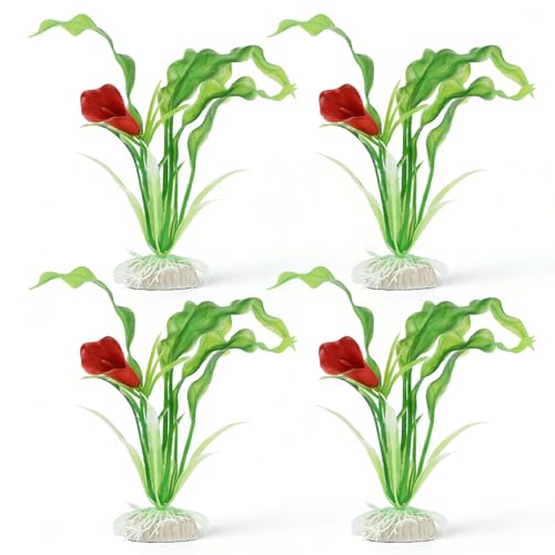 4 Pack Plastic Aquarium Plant Set, 7.1 Inch Green Artificial Fish Tank Plants with Base for Aquarium Decor Accessories Fish Tank Decorations - color: Green C