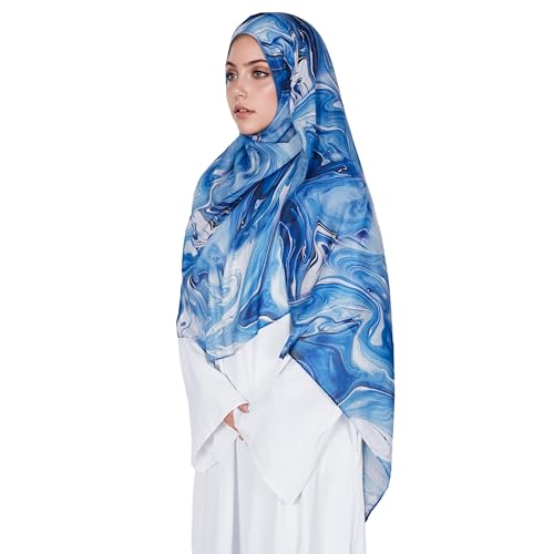 Printed Hijab for Women Printing Hijab Scarf for Women Muslim Islamic Prayer Clothes 1pc Muslim Women's Khimar - color: Storm Blue Vortex
