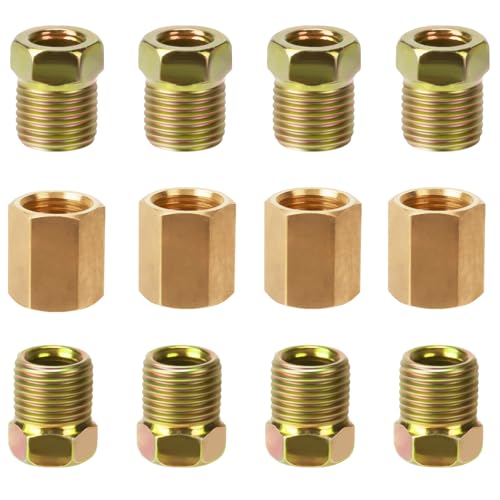 1/4 Brake Line Pressure Fittings, 12 Pieces 7/16 Inch Brake Line Fittings | 24 Threads Brass Brake Line Fitting Assortment for 1/4 Inch Brake Line Tube (4 Unions, 8 Nuts) - size: 7/16 Inch (pack of 1)