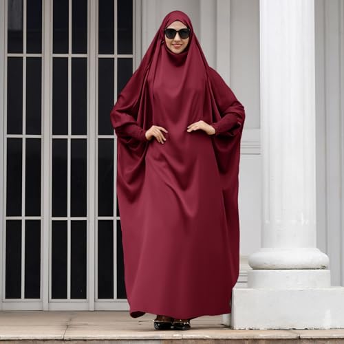 IKADEX Jilbab for Muslim Women Hooded Abaya Kaftan Dress Hijab Chador One-Piece Loose Fit Arabic Islamic Prayer Robe - color: Dark Red