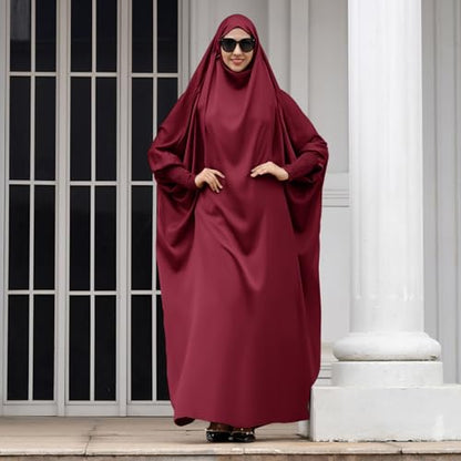 IKADEX Jilbab for Muslim Women Hooded Abaya Kaftan Dress Hijab Chador One-Piece Loose Fit Arabic Islamic Prayer Robe - color: Dark Red