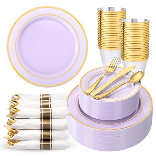 WDF Partyware 350PCS Purple Plates Disposable - Purple Plastic Plates 50Guests Lavender Disposable Dinnerware Sets with Rolled Napkins for Wedding/Birthday/Baby Shower/Bridal Shower - color: Purple, size: 350