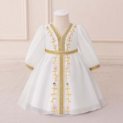 Girls Muslim Dress Kids Girls Floral Embroidery Prayer Dresses Long Sleeve V Neck Elegant Kaftan Dresses for Party - size: 2-3T