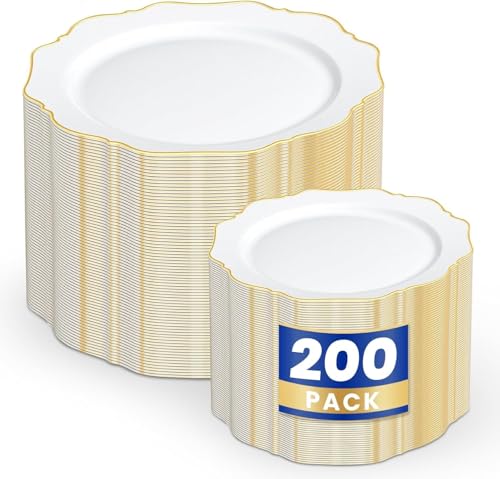 WDF 200PCS White and Gold Plastic Plates - Gold Plastic Plates - Include 100 Dinner & 100 Dessert Disposable Party Plate - Fancy Disposable Plate for Wedding/Baby Shower - color: White and Gold, size: 200