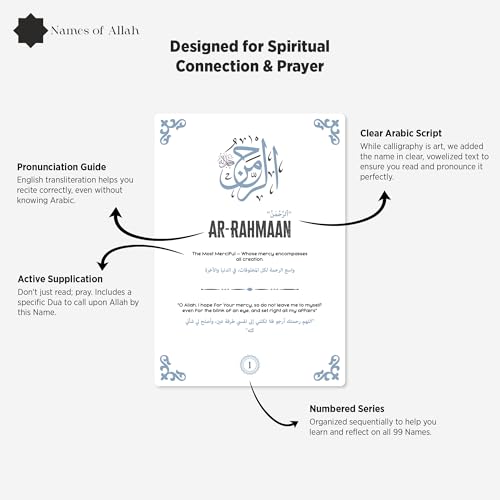 99 Names of Allah Reflection Cards with Wooden Stand - Asma al-Husna Daily Remembrance Set - Islamic Names of God Meanings & Benefits - Spiritual Muslim Decor & Eid Gift - 100 Premium Cards - style: 99 Names of Allah (Asma al-Husna)