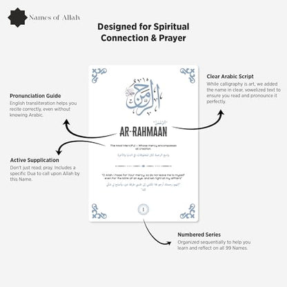 99 Names of Allah Reflection Cards with Wooden Stand - Asma al-Husna Daily Remembrance Set - Islamic Names of God Meanings & Benefits - Spiritual Muslim Decor & Eid Gift - 100 Premium Cards - style: 99 Names of Allah (Asma al-Husna)