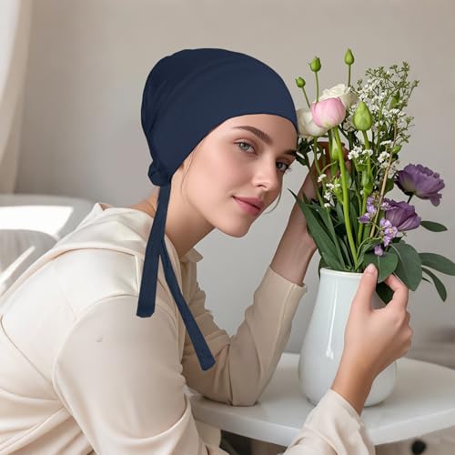 5Pcs Islamic Muslim Under Hijab Cap Inner UnderScarf for women Inner Under Scarf Hat Hijab Cap with Tie Back Closure - color: Black\blue\white\beige\khaki