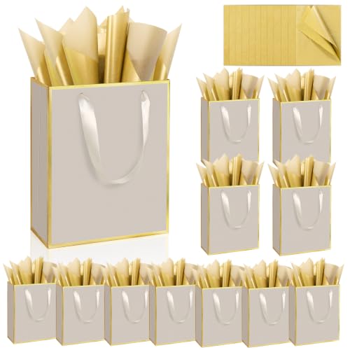 Epoesch 12 Pack Gift Bags with Handles & 12 Tissue Papers – 8x5x10 Inches - color: Champagne Gold, size: 1 Count (Pack of 12)